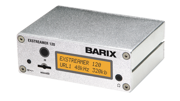 Barix Exstreamer-120:  IP-Audio Decoder with LCD Display and Micro SD slot.
